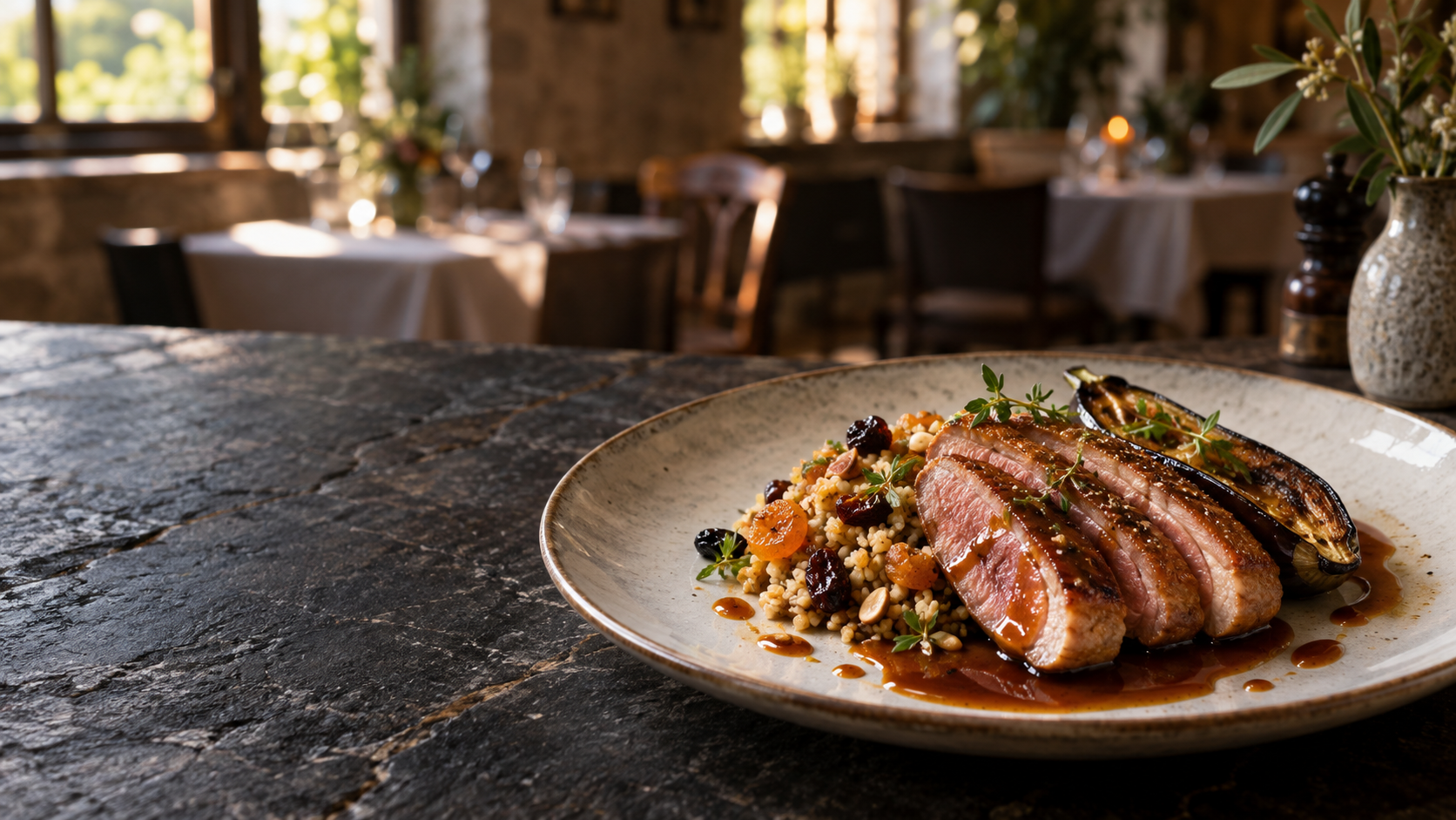 Assiette de saison dressée dans une auberge chaleureuse
